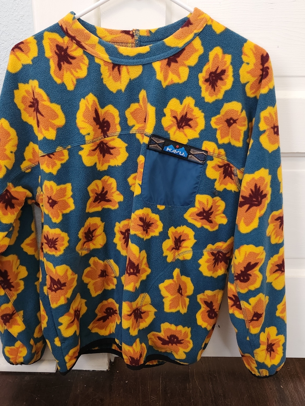 Kavu Teal Fleece Pullover with Yellow Floral Print